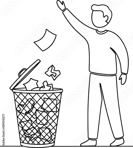 Line art illustration of a man throwing paper waste into a trash bin, waste management and environmental protection concept, recycling awareness icon