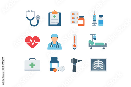 Collection of medical icons representing healthcare services and equipment for diagnosis and treatment