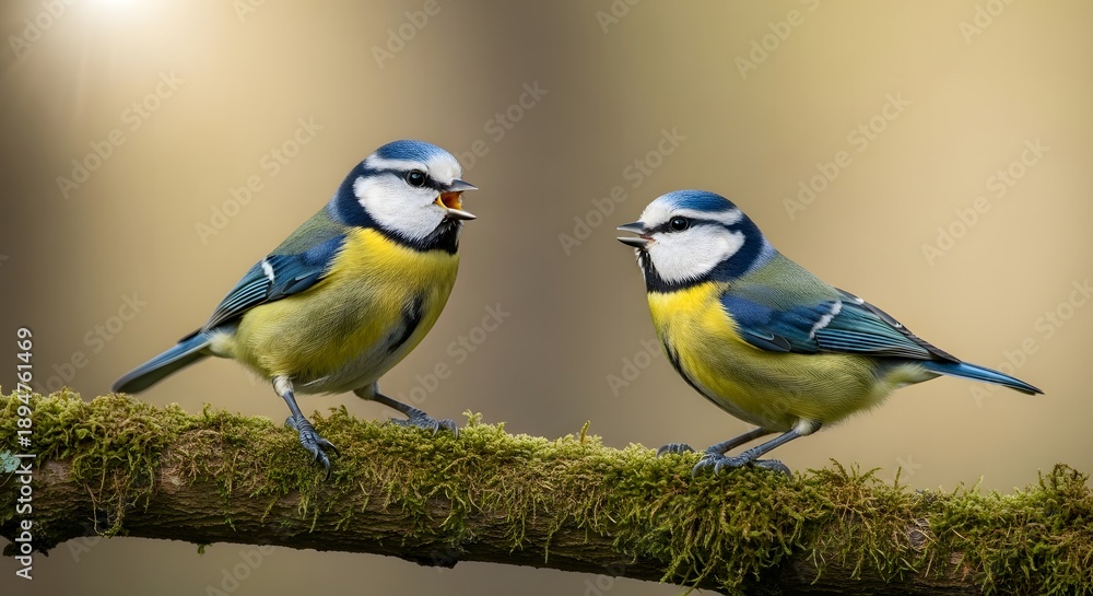 Obraz premium Two blue tit birds on mossy branch