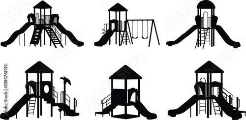 Outdoor playground equipment silhouettes set, kids park play area structures, slides and swings icons, children recreational activity elements, black vector on white background