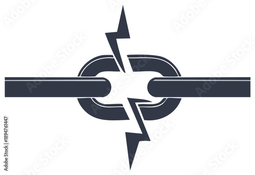 Broken chain link with a lightning bolt symbolizing a break or disruption in a connection or relationship