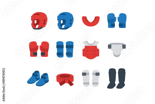 Collection of martial arts protective gear and equipment for combat sports training