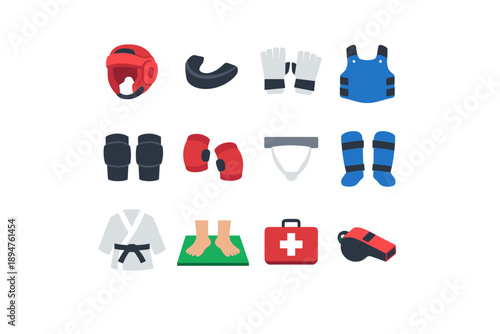 Flat martial arts protective gear icons set showing helmets, gloves, guards, gi, and first aid