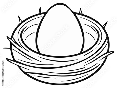 Simple Line Art Drawing of a Single Egg in a Nest Made of Twigs and Straw
