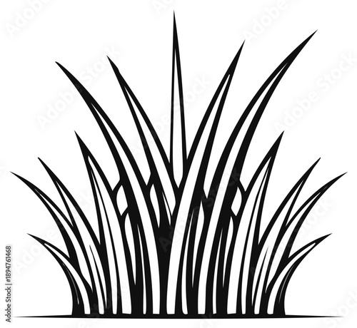 Stylized black and white illustration of a clump of grass with sharp pointed blades