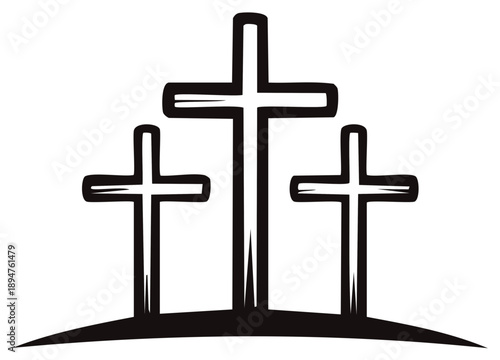 Three Simple Christian Crosses Silhouetted Against a White Background