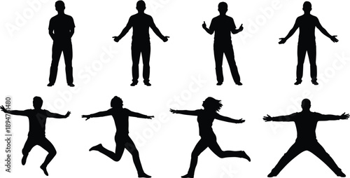 People silhouettes set, man and woman in different poses, jumping running standing and gesturing people, active human figures collection on white background