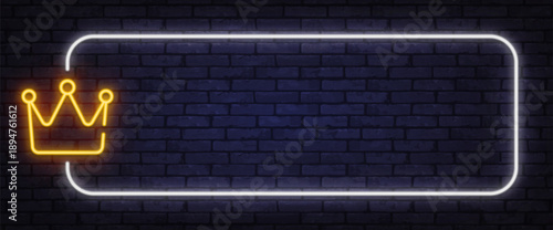 White neon frame with golden crown icon on brick background. Elegant glow highlights royalty, premium quality, or winner concept.
