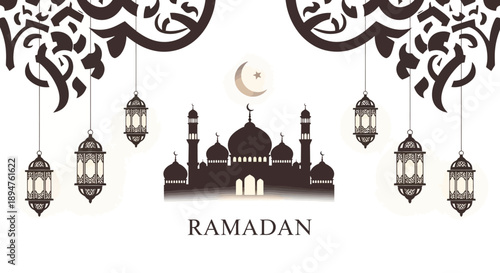 Digital illustration of a mosque with hanging lanterns, crescent moon, and Ramadan text, surrounded by intricate designs on a white background with a festive and celebratory mood.