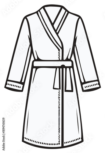 White bathrobe with belt illustration featuring stitched details on cuffs and hemline