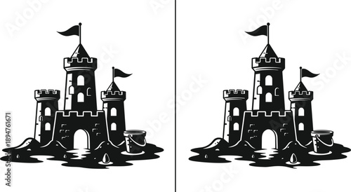 Sandcastle silhouette icon set, beach summer vacation concept, medieval fortress sand sculpture with flags and bucket, coastal play activity on white background
