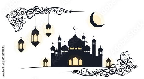 A serene Ramadan-themed illustration featuring a mosque with glowing lanterns and a crescent moon on a white background, surrounded by elegant floral designs and decorative elements.