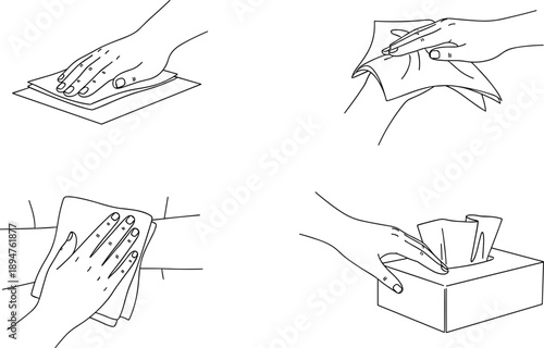 Set of line art illustrations showing hands using paper tissues for cleaning and hygiene, human hands wiping surfaces and pulling napkin from box