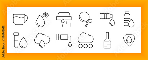 Water and hydration set icon. Includes mug, cold drop, drainage, bubbles, bottles, pipes, test tube, cloud, and water protection shield illustrations.