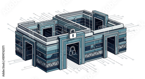 Isometric illustration of a secure system architecture with a central firewall and multiple connections representing internet security and technology 5.0 concepts in a blue and grey color