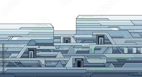 Illustration of a futuristic digital landscape with a complex system of interconnected machines and technology, showcasing a concept of information technology and internet security.