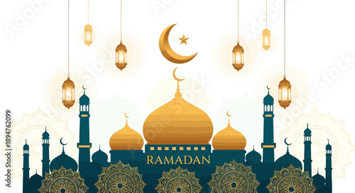 Digital illustration of a mosque with a crescent moon and stars, featuring a 'Ramadan Mubarak' design with hanging lanterns and a decorative layout on a clean background.