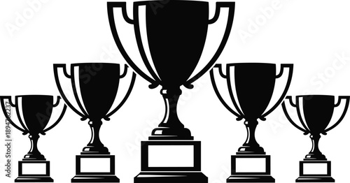 Trophy award cups silhouette set, professional sports championship prize icons, black winner celebration symbols, success achievement trophies collection on white background