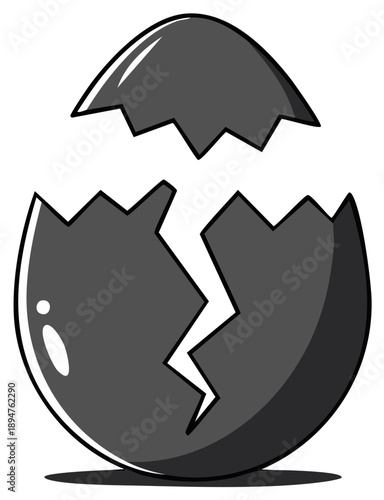 A cracked gray eggshell with a jagged opening and shadows indicating light from the side