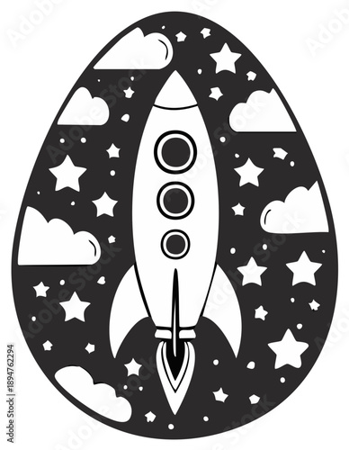 Graphic Egg Shape with Rocket Ship Stars and Clouds Space Theme Illustration