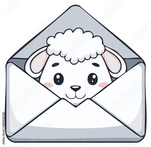 Cartoon Lamb Peeking out of Open Envelope Cute Animal Character Illustration Sending Mail Isolated on White
