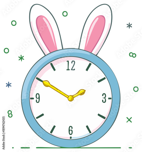 Funny rabbit clock showing time, cartoon illustration with bunny ears, time management concept, easter time, deadline
