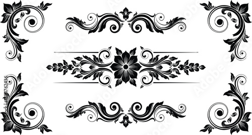 Vintage floral ornament collection, decorative baroque scrolls and borders, classic filigree damask pattern elements, elegant black wedding frame vector on white background