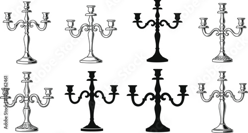 Vintage candelabra icon set, antique candle holder silhouettes, baroque style chandelier illustrations, retro engraved lighting decor, classical interior design elements on white background
