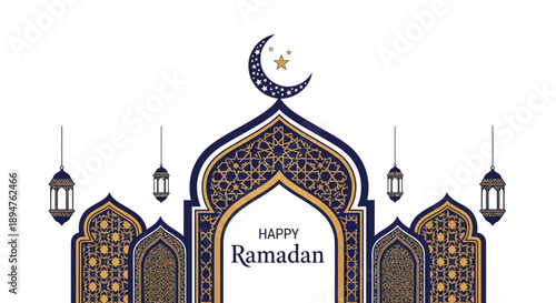 Illustration of a mosque archway with crescent moon and lanterns on a white background, featuring a Happy Ramadan message in a decorative layout with Islamic geometric patterns and star.