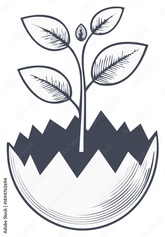 Obraz premium Delicate sprout growing from cracked eggshell, illustration of life and growth.