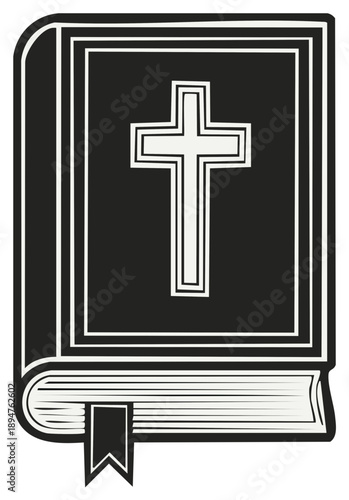 Illustrated book with religious cross on cover, isolated, vector design.
