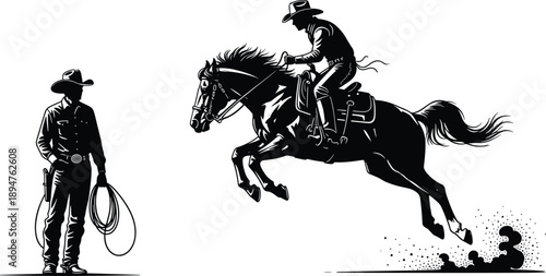 Western cowboy silhouette riding jumping horse with lasso, wild west ranch life illustration, rustic american rodeo scene on isolated white background