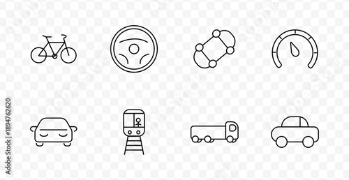 Transportation set icon. Bicycle, steering wheel, network nodes, speedometer, cars, train, truck, all depicted in outlined vehicle-related elements.