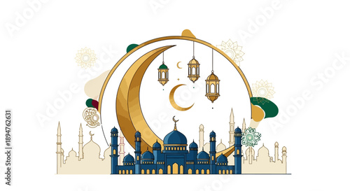 Illustration of a mosque with a large golden crescent moon and lanterns, featuring a blue and yellow design, with a cityscape and moonlit decorations, symbolizing Ramadan Mubarak.