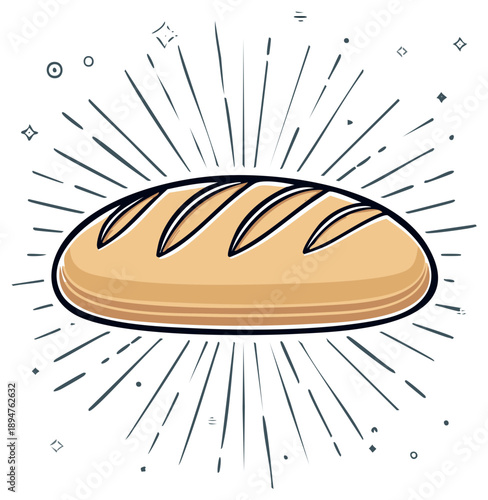 Oval loaf of bread radiating light illustration food item for bakery shops and grocery stores