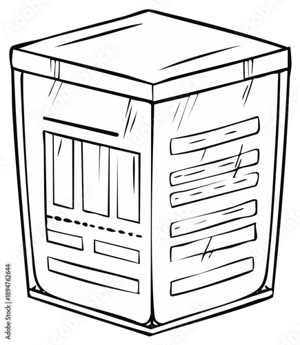 Generic cubic package container with lid and placeholder labels hand drawn style