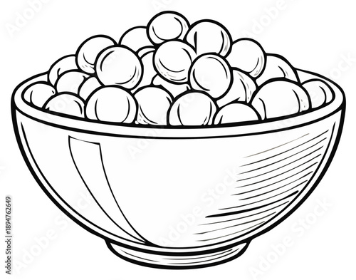 Detailed line art illustration showing a deep bowl brimming with many small uniform spherical objects