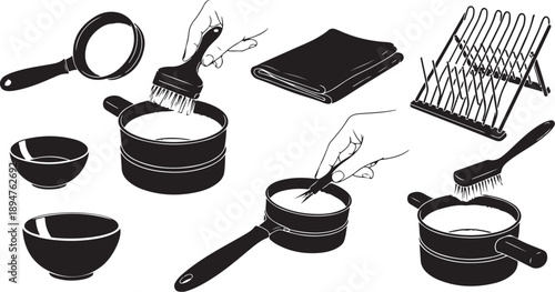 Black and white kitchen utensils and cookware illustration set