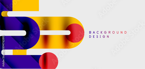 Abstract geometric shapes overlap, creating dynamic composition. Yellow, purple, red hues dominate white space. Modern design element.