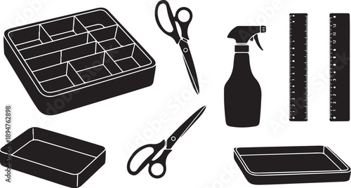 Office supplies and tools for organization and crafting purposes