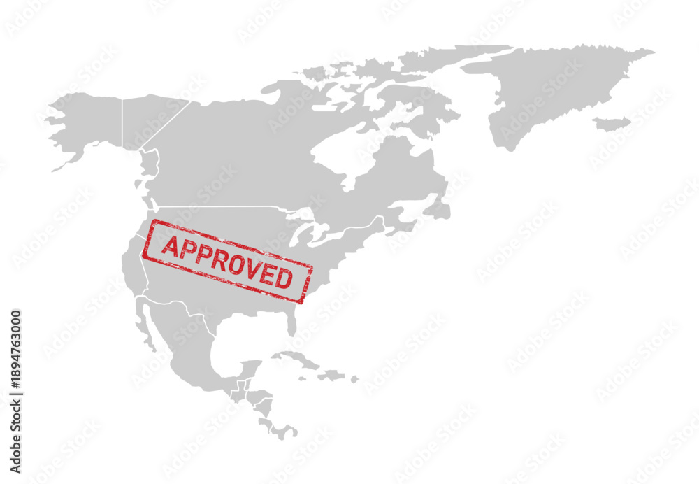 Obraz premium Outline of the continent of North America with red lettering saying APPROVED for USA. Grunge red approved stamp