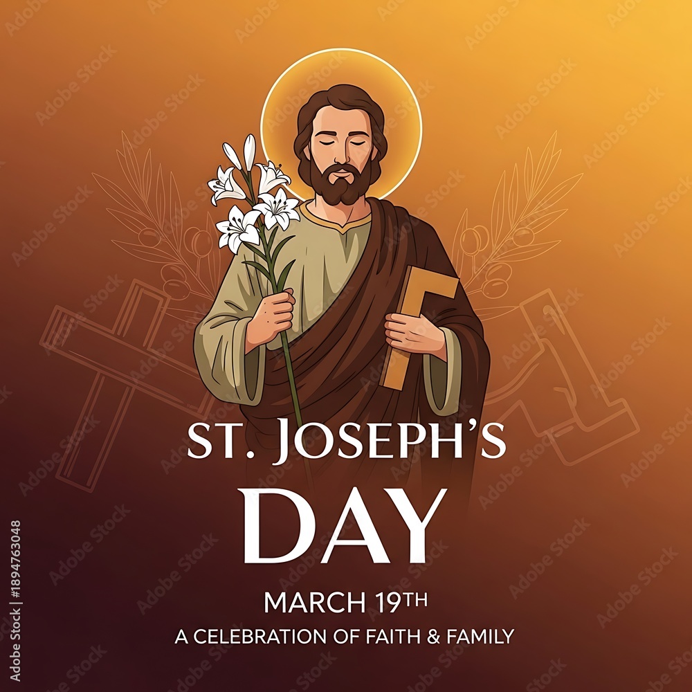 Obraz premium St Joseph's Day celebration illustration with saint holding lily and carpenter tools on golden background faith family festivity vector art