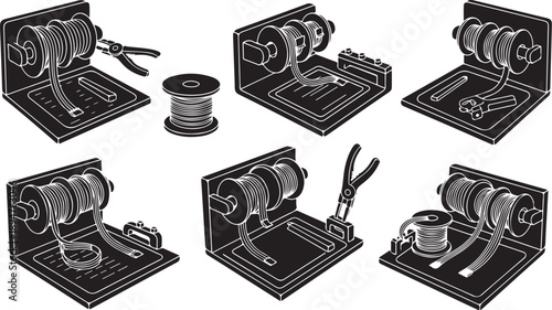 Wire spool and tools on various workstations illustration set