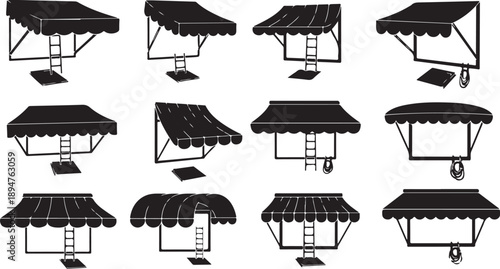 Various Black Awnings and Canopies with Different Designs Shown