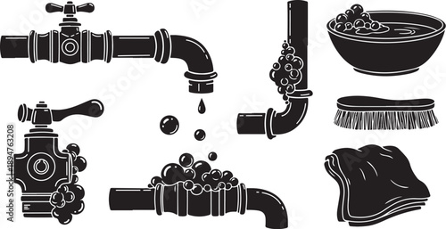 Black and white illustration of plumbing and cleaning tools