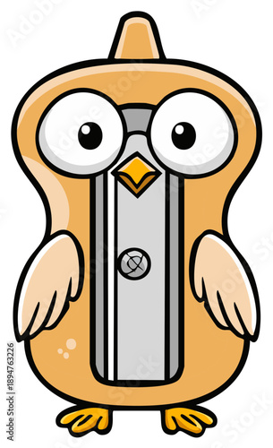 Whimsical owl shaped pencil sharpener with big googly eyes and orange feathers