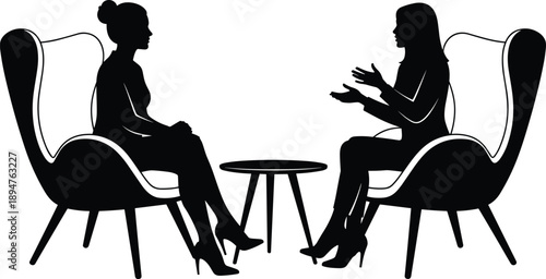 Silhouette of two women talking in armchairs, business meeting or therapy conversation concept, interview discussion isolated on white background