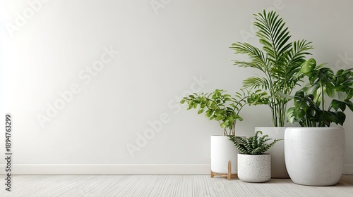 Minimalist Interior Design with Green Potted Plants and White Wall Background