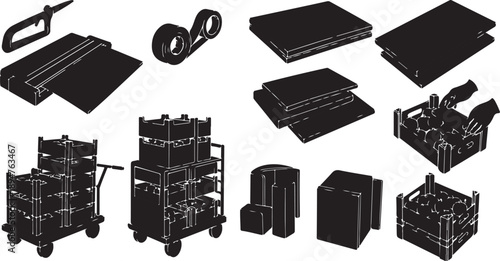Black and white illustration of moving boxes and supplies