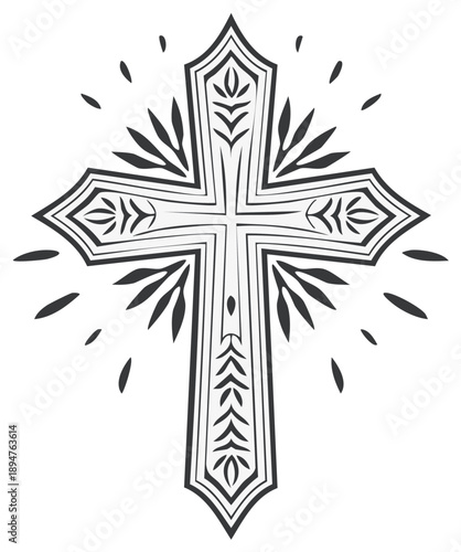 Stylized Christian cross vector illustration with decorative elements and emanating rays